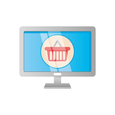 Alışveriş çevrimiçi konsept, ekranda alışveriş septi olan bilgisayar, ayrıntılı stil