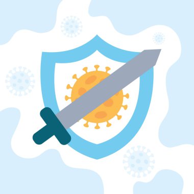 Covid 19 kavramını durdur, kılıçlı Coronavirus ikonlu kalkan.