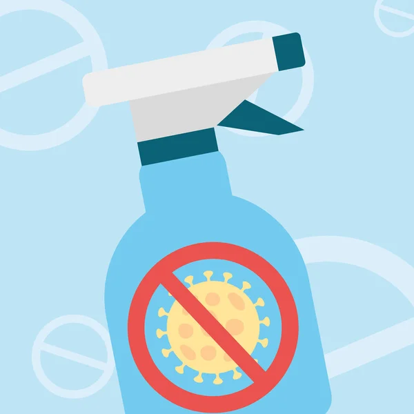 Stop covid 19 έννοια, αντιβακτηριδιακό μπουκάλι ψεκασμού με coronavirus απαγορευμένο σημάδι — Διανυσματικό Αρχείο