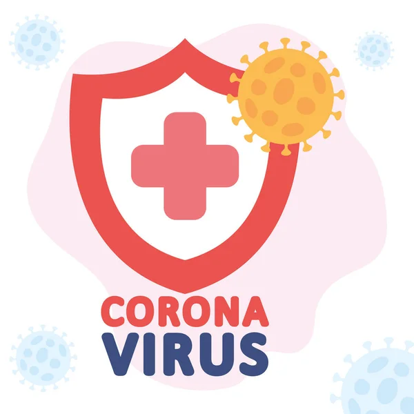 Stop covid 19 konsep, perisai dengan salib medis dan simbol coronavirus - Stok Vektor