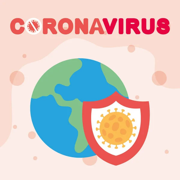 Planet bumi dan perisai dengan simbol coronavirus - Stok Vektor
