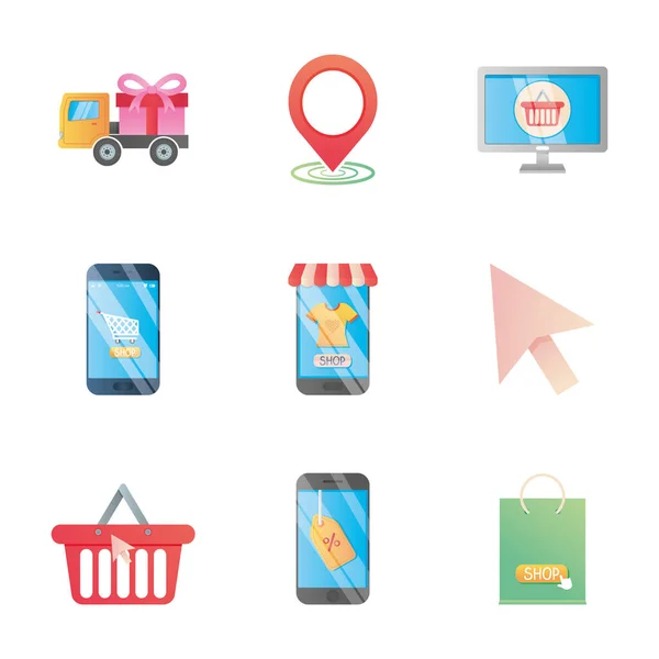 Smartphones und Online-Shopping-Icon-Set, detaillierter Stil — Stockvektor