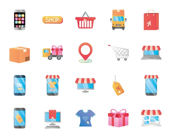 Mobiltelefone und Online-Shopping-Icon-Set, detaillierter Stil — Stockvektor