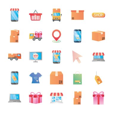 paketler ve alışveriş çevrimiçi simge seti, ayrıntılı biçim