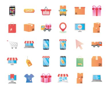 konum kodu ve alışveriş çevrimiçi simgesi seti, ayrıntılı biçim