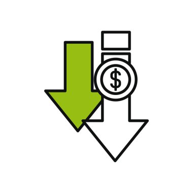 Para madeni para simgesiyle alçalan oklar, yarı renk yarı çizgi biçimi