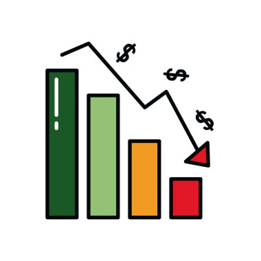 Beyaz arkaplan, çizgi ve doldurma biçimi üzerine para sembolleri dökülen grafik çubuk şeması