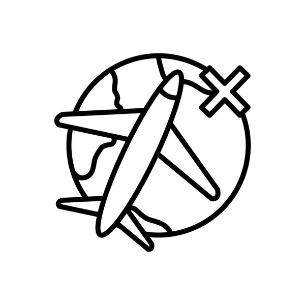 禁止されている飛行シンボル、飛行機のアイコンを持つ地球の惑星、ラインスタイル — ストックベクタ
