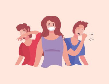 Maskeli kadın hapşıran ve öksüren erkekler vektör tasarımı