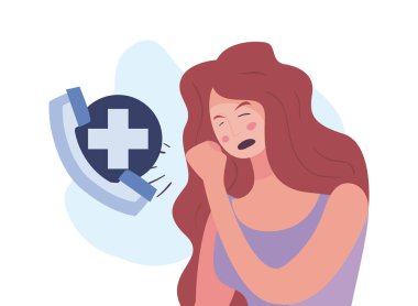 Kuru öksürük ve telefon vektör tasarımı olan bir kadın.
