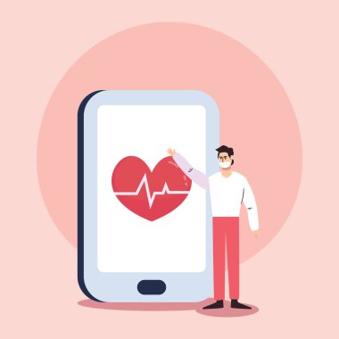 Maskeli ve kalp atışlı bir adam akıllı telefon vektör tasarımında.