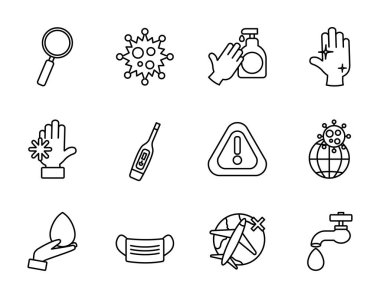 Ağız maskesi ve covid19 önleme simgesi seti, satır biçimi