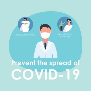 Covid 19 virüsünün yayılmasını önlemek için maske ve ipuçları taşıyan adam doktor.