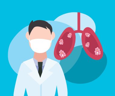 Maskeli adam doktor ve Ciğerlerinde taşıyıcı tasarımı olan Covid 19 virüsü