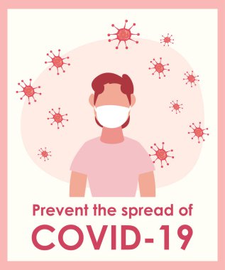 Maskeli adam ve Covid 19 virüs vektör tasarımı