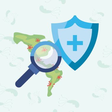 Lupe ve Covid 19 virüs vektör tasarımını haritala