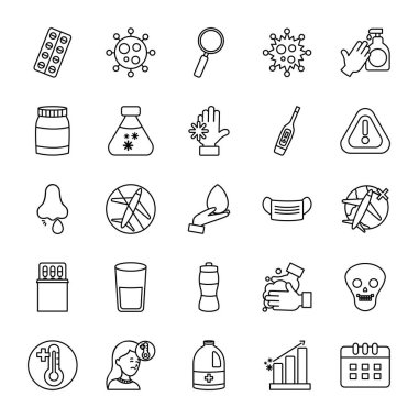 alkol şişesi ve covid19 önleme simgesi seti, satır biçimi