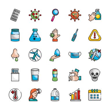 alkol şişesi ve covid19 önleme simgesi seti, çizgi renk biçimi