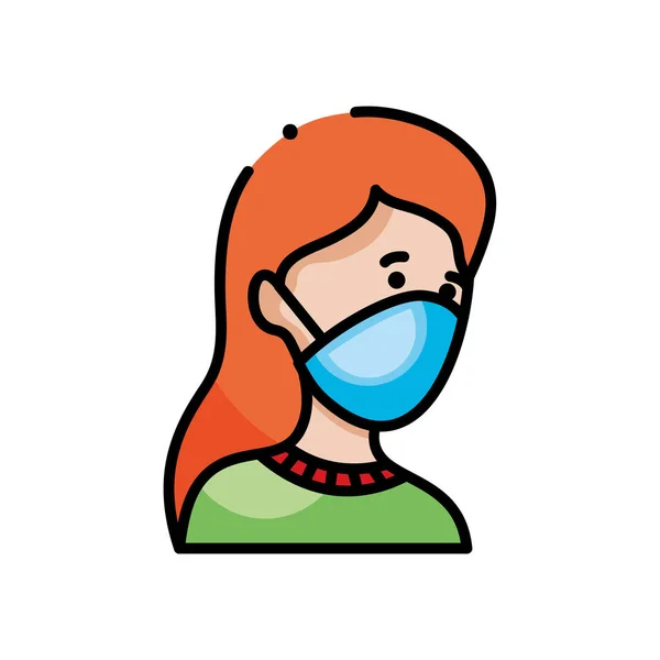 Wanita kartun dengan masker mulut, gaya warna baris - Stok Vektor