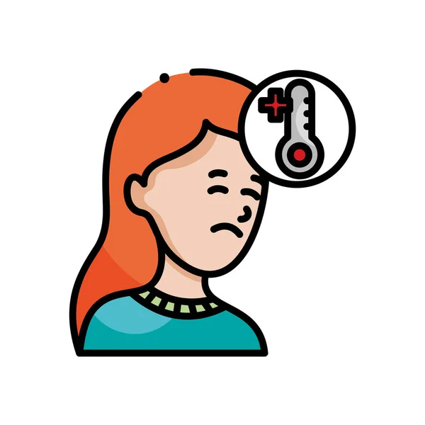 Femme dessin animé avec icône de fièvre, style de couleur ligne — Image vectorielle