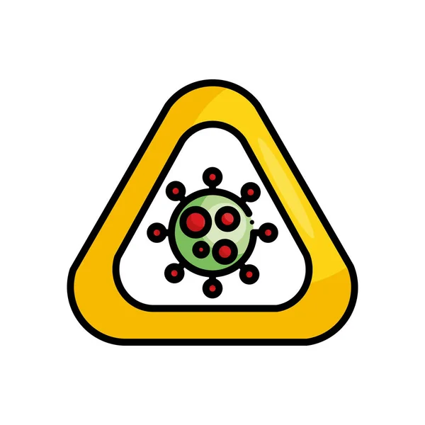 Sinal de aviso com covid 19 símbolo de vírus, estilo de cor de linha —  Vetores de Stock