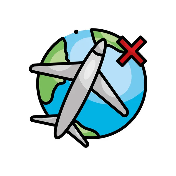 Banned flights symbol, earth planet with airplane icon, line color style — Stock Vector