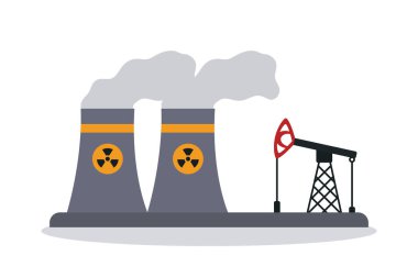 Nükleer soğutma kuleleri ve petrol sondajı simgesi, renkli tasarım