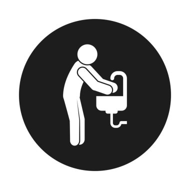 Covid 19 önleme konsepti, piktogramcı adam ellerini yıkıyor, blok tarzı.