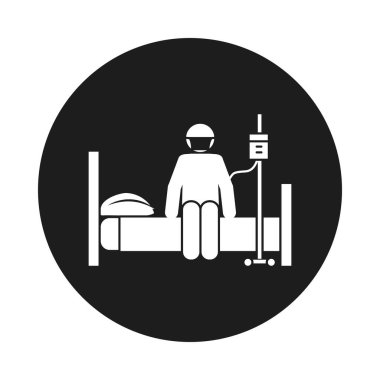 Coronavirus ve sağlık konsepti, Piktogram hastalığı olan adam, serum torbasıyla yatakta oturuyor, blok tarzı.