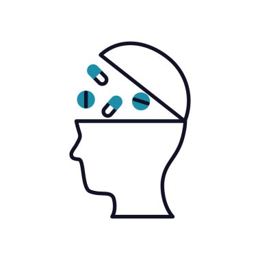 Zihinsel sağlık konsepti, beyaz arka planda haplarla dolu kafa, yarı çizgi yarı renk.