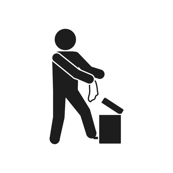 Covid 19 prevenzione concetto, pittogramma uomo gettando una carta nella spazzatura, stile silhouette — Vettoriale Stock