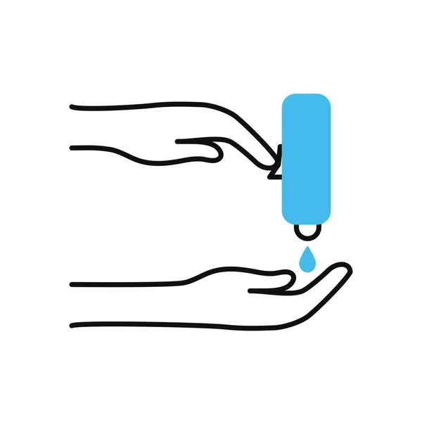 Ruce s ikonou dávkovače mýdla, polobarevný půlřádkový styl — Stockový vektor