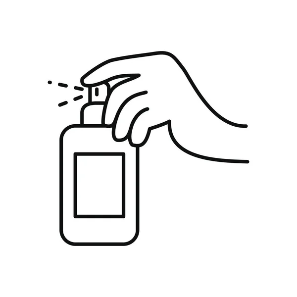 Hand met antibacteriële spray fles, lijn stijl — Stockvector