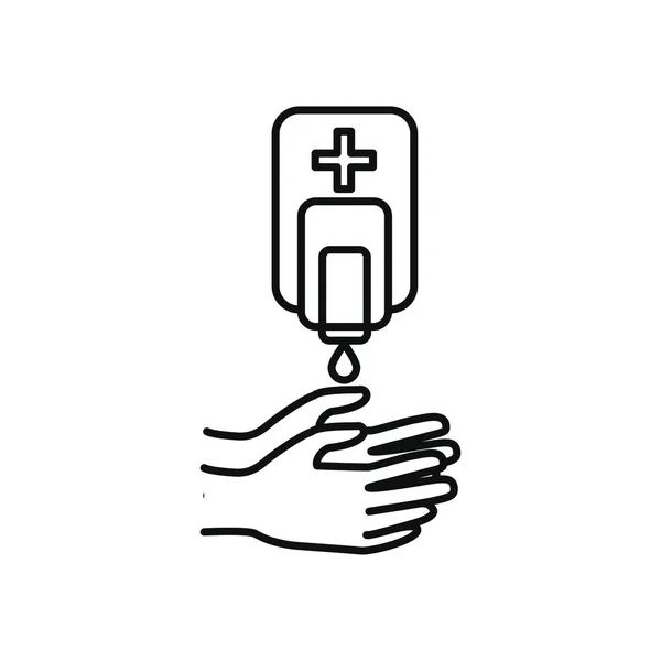Антибактериальный гель диспенсер и руки, стиль линии — стоковый вектор