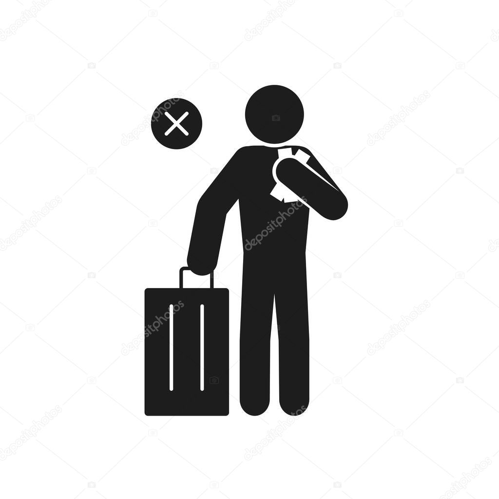 Covid 19 preventions concept, forbidden travel, pictogram man with suitcase, silhouette style