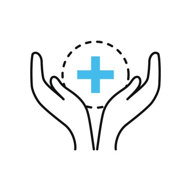 Tıbbi haç simgesi ile açık eller, yarı renk yarı çizgi biçimi