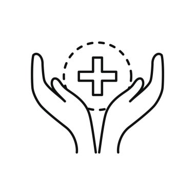 Tıbbi haç simgesi ile açık eller, satır biçimi