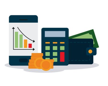 akıllı telefon, para sikkeleri, hesap makinesi ve para dolu cüzdan, renkli tasarım