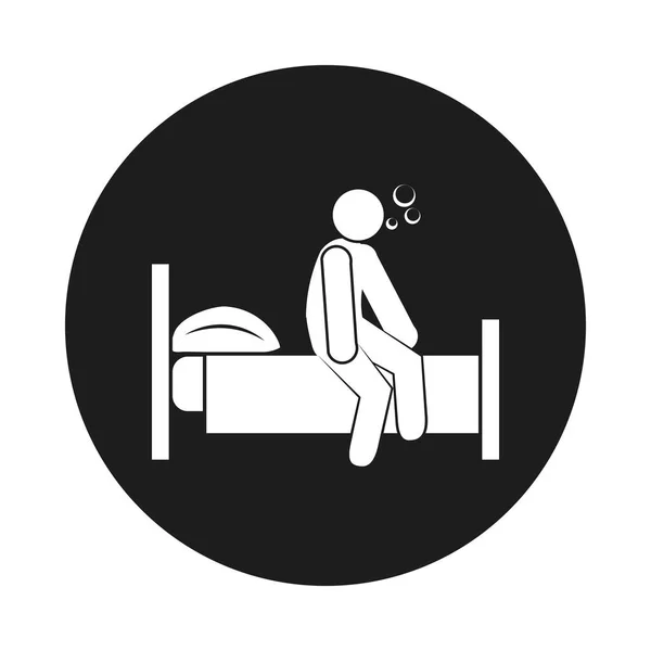 Coronavirus och hälsa koncept, piktogram man sitter på sängen, block stil — Stock vektor