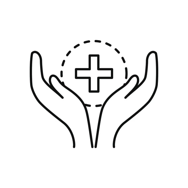Открытые руки с иконой медицинского креста, стиль линии — стоковый вектор