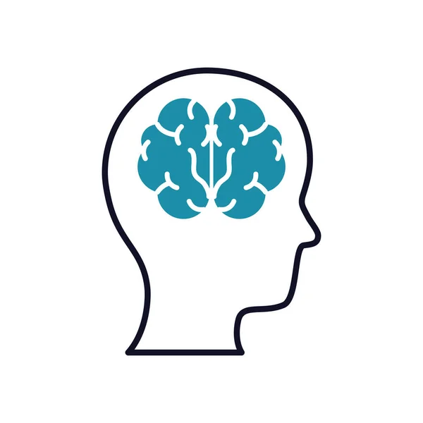 Geestelijke gezondheid concept, menselijk hoofd met hersenen pictogram, halve lijn halve kleur stijl — Stockvector