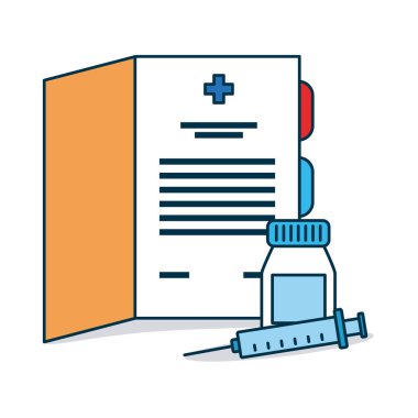 Tıbbi rapor, ilaç şişesi ve şırınga, renkli tasarım