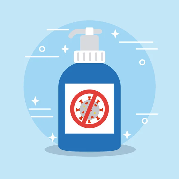 Antibacteriële gel fles met verboden teken met covid 19 symbool pictogram, kleurrijk ontwerp — Stockvector