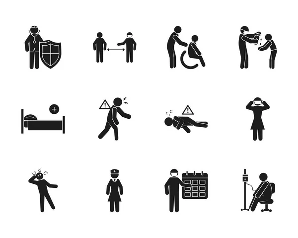 Pictogram people and Covid 19 prevvention icon set, silhouette style — Vector de stock