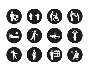 pictogram insanları ve Covid 19 önleme simgesi seti, blok biçimi