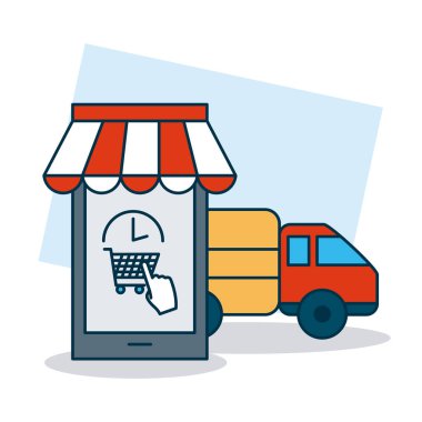 Online alışveriş konsepti, akıllı telefon ve kargo kamyonu, renkli tasarım