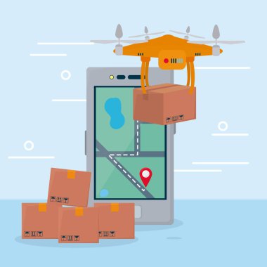 Çevrimiçi alışveriş kavramı, akıllı telefon ve kutulu insansız hava aracı, renkli tasarım