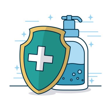shield and antibacterial gel bottle, colorful design clipart