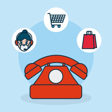 Alışveriş çevrimiçi konsepti, telefon ve dağıtım indirgenmiş simgeler, renkli tasarım