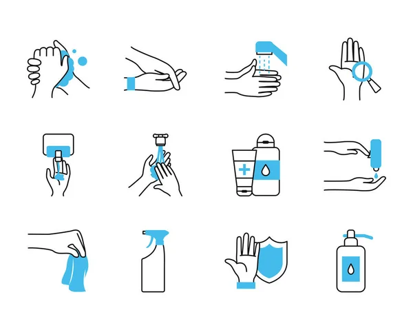 Water and hand hygiene icon set, half color half line style — Stock Vector